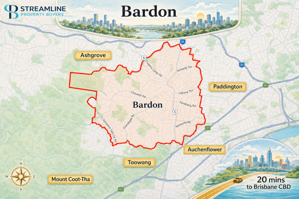 Bardon suburb border map showing surrounding Brisbane areas and 20-minute travel time to the CBD.