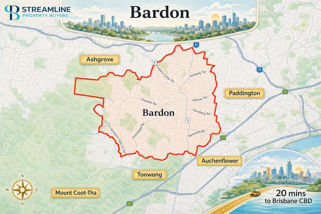 Bardon suburb border map showing surrounding Brisbane areas and 20-minute travel time to the CBD.