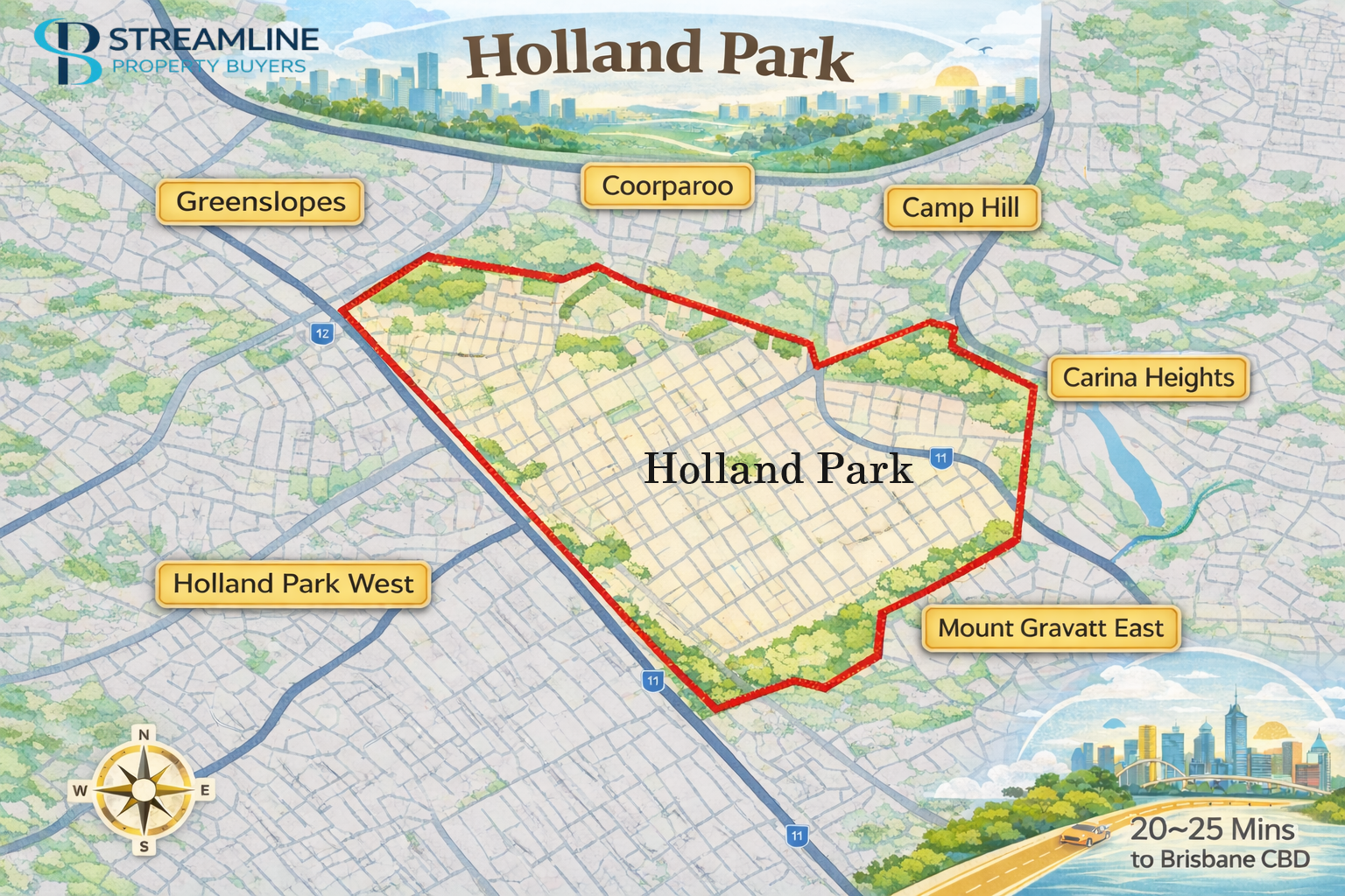 Holland Park suburb map showing nearby suburbs, boundaries, and Brisbane's CBD travel distance.