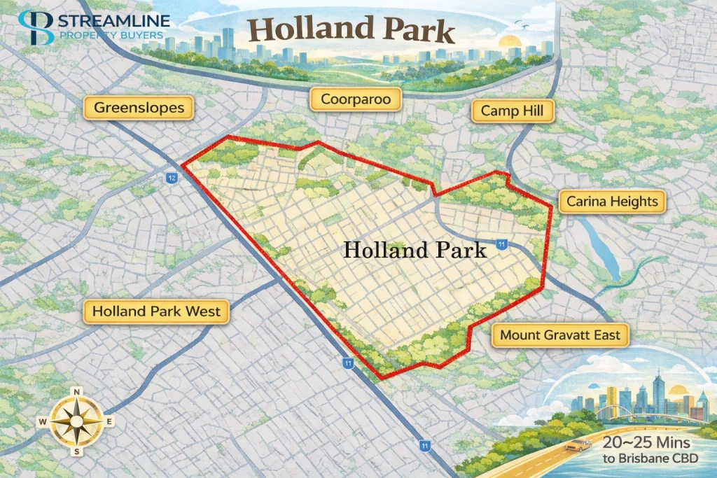 Holland Park suburb map showing nearby suburbs, boundaries, and Brisbane's CBD travel distance.
