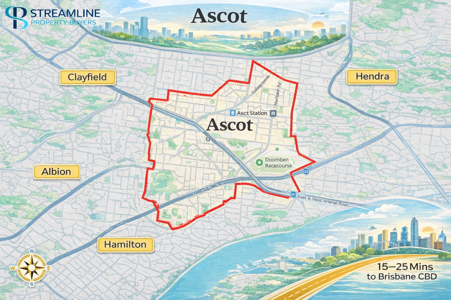 Map of Ascot suburb with outlined borders in Brisbane.