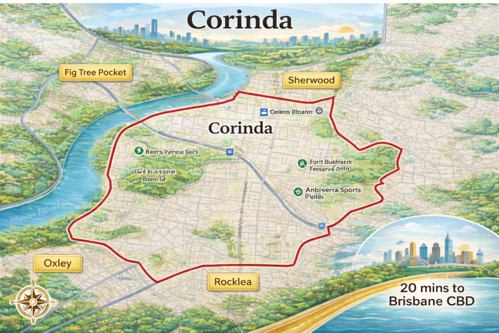 Corinda suburb map highlighting key neighboring areas, and proximity to Brisbane CBD.