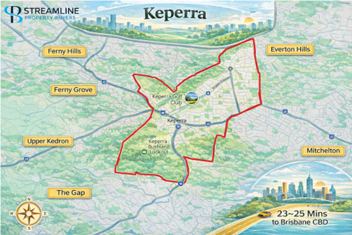 Map of Keperra showing its borders, surrounding suburbs and proximity to Brisbane CBD.