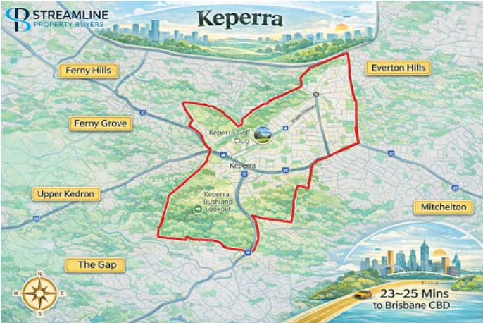 Map of Keperra showing its borders, surrounding suburbs and proximity to Brisbane CBD.