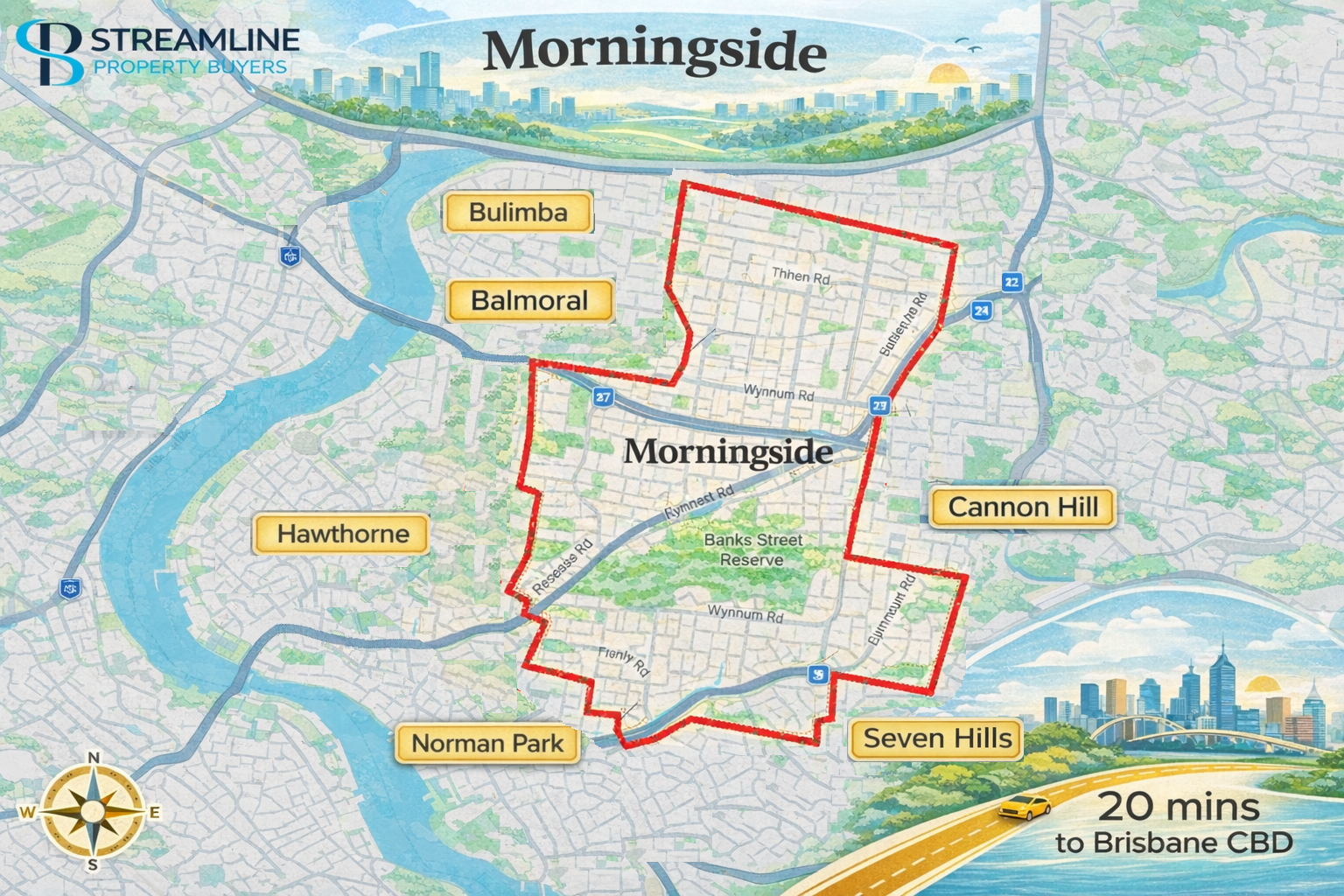Map of Morningside suburb, highlighting surrounding areas including the proximity to Brisbane CBD.