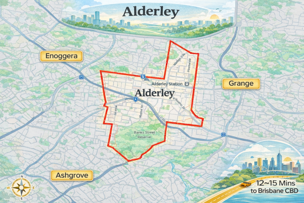 Alderley suburb boundary map showing nearby areas and distance to Brisbane CBD.