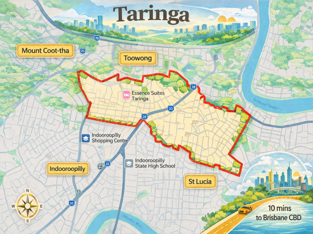 Taringa suburb map highlighting key surrounding areas, and proximity to Brisbane CBD.