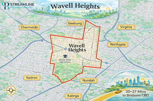 Map of Wavell Heights suburb, outlined in red, with neighboring suburbs in Brisbane.