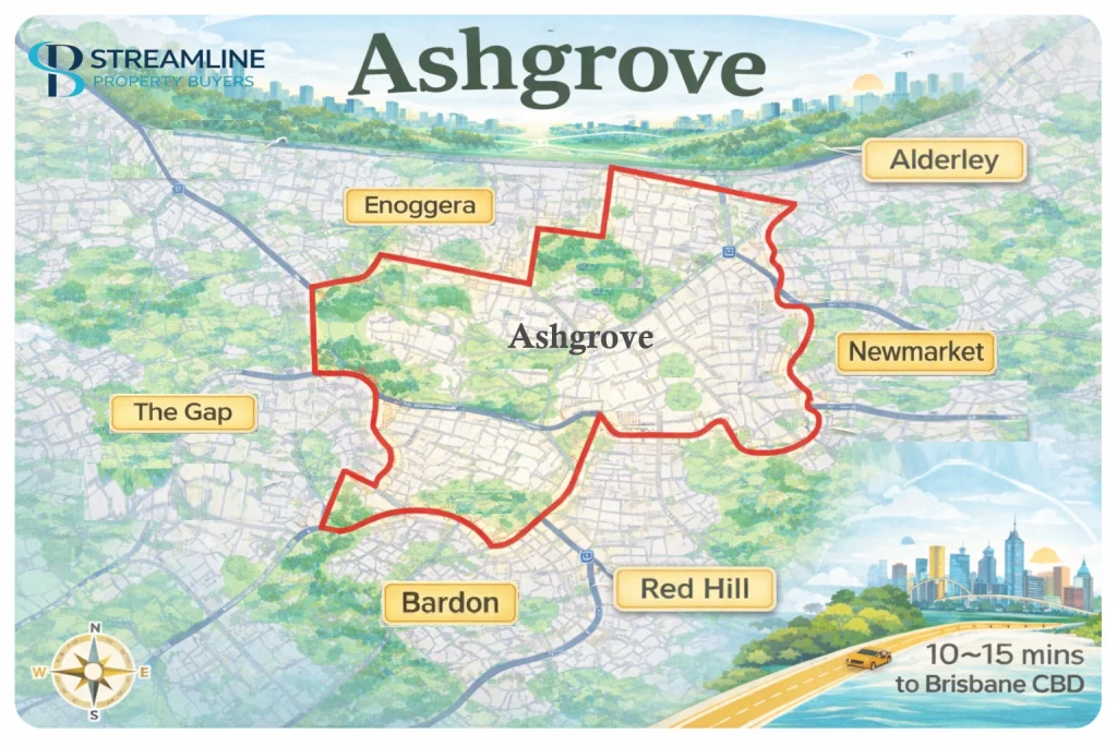 Map of Ashgrove suburb, highlighting surrounding areas including proximity to Brisbane CBD.