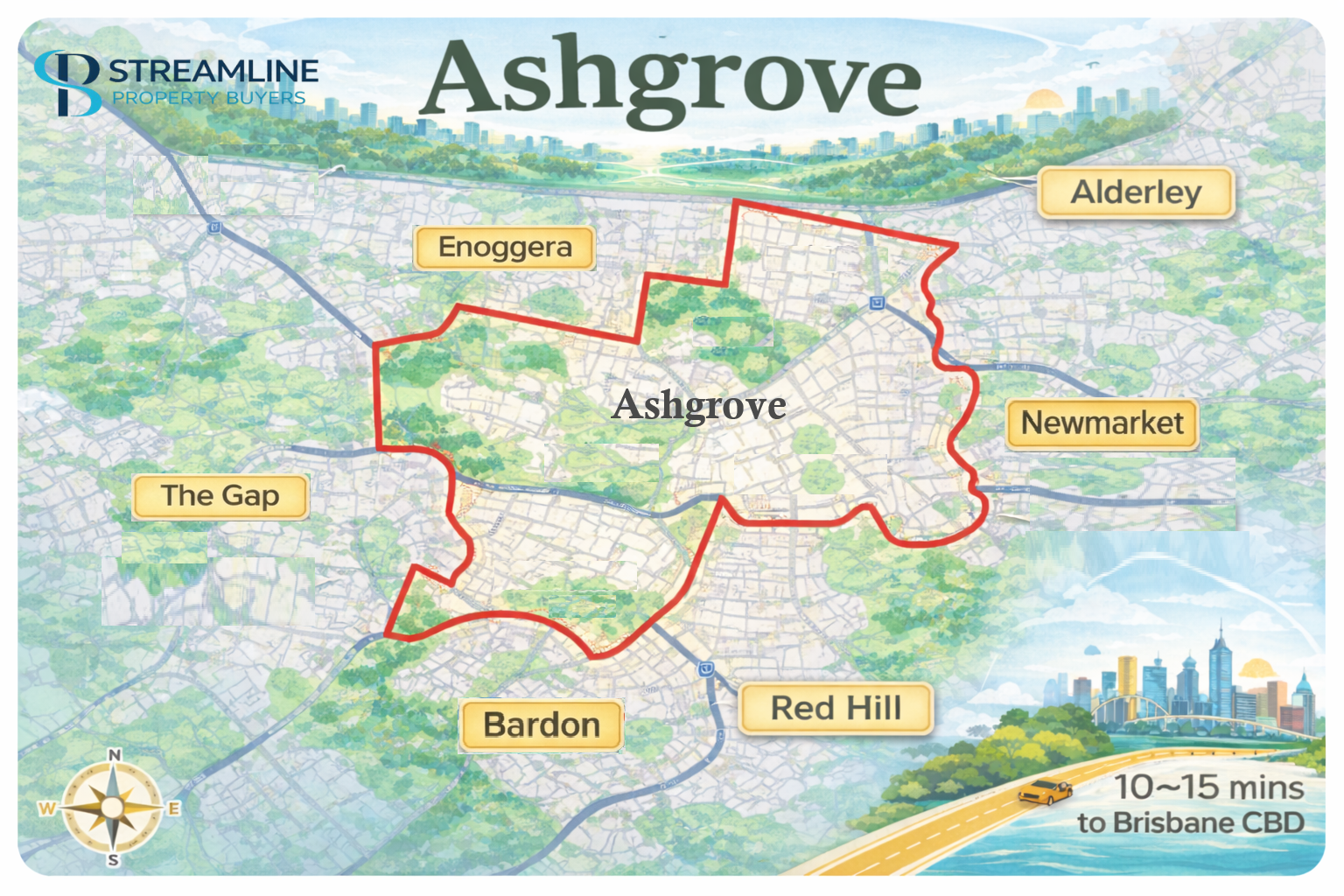 Map of Ashgrove suburb, highlighting surrounding areas including proximity to Brisbane CBD.