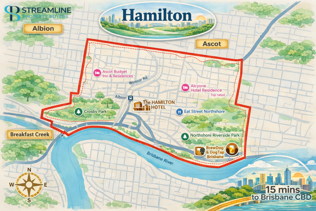Map highlighting the bordered area of Hamilton suburb.
