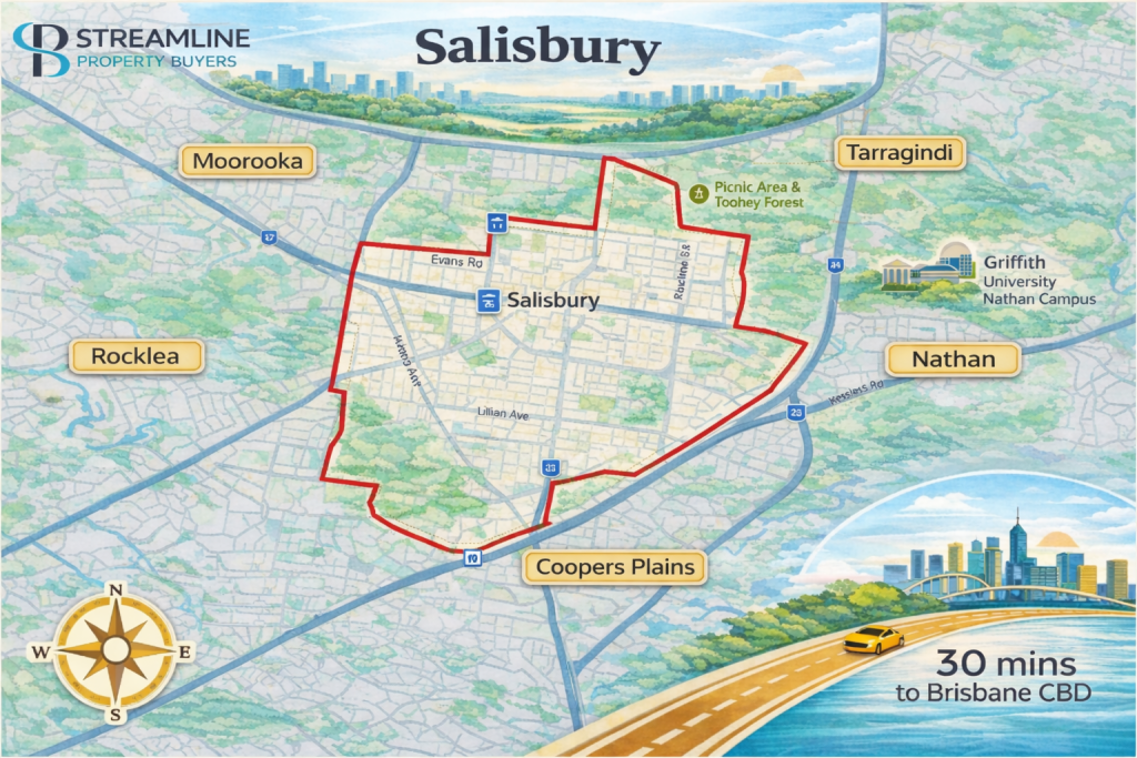 Salisbury suburb map highlighting key neighboring areas and proximity to Brisbane CBD.