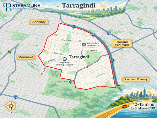 Map of Tarragindi suburb with a highlighted boundary, showing surrounding suburbs in Brisbane.