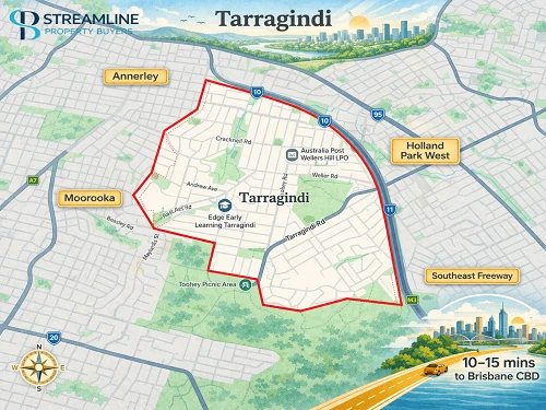 Map of Tarragindi suburb with a highlighted boundary, showing surrounding suburbs in Brisbane.