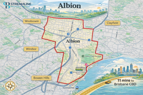 Map of Albion suburb, outlined with key neighboring suburbs in Brisbane.