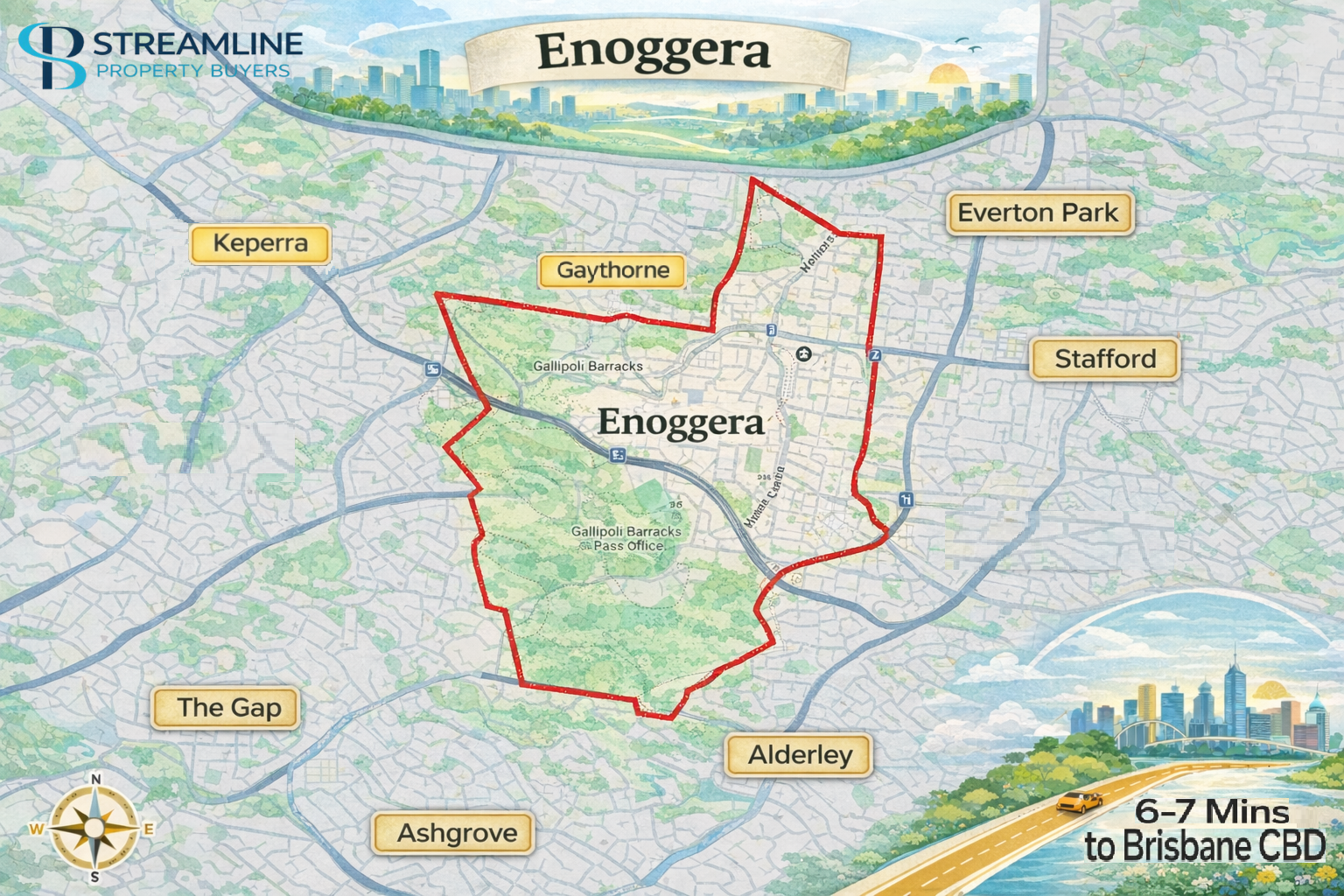 Map of Enoggera suburb, highlighting surrounding areas including the proximity to Brisbane CBD.