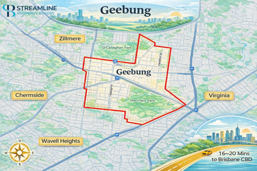 Map of Geebung suburb in Brisbane with highlighted boundaries.