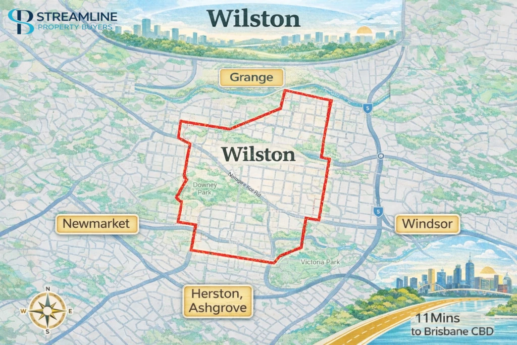 Wilston suburb boundary map with surrounding areas and distance to Brisbane CBD.