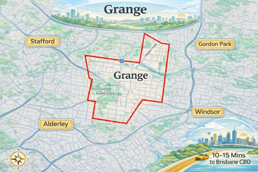 Grange suburb boundary map with surrounding areas and distance to Brisbane CBD.