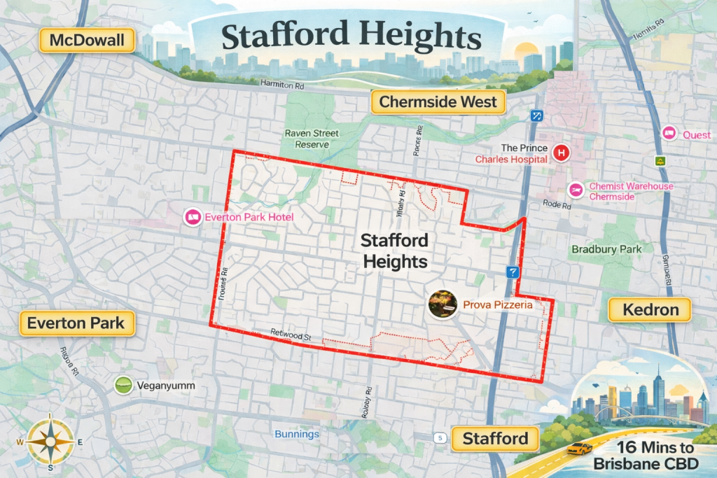 Stafford Heights Border Map: Key Landmarks and Locations in the Area.