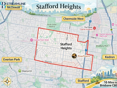 Stafford Heights Border Map: Key Landmarks and Locations in the Area.
