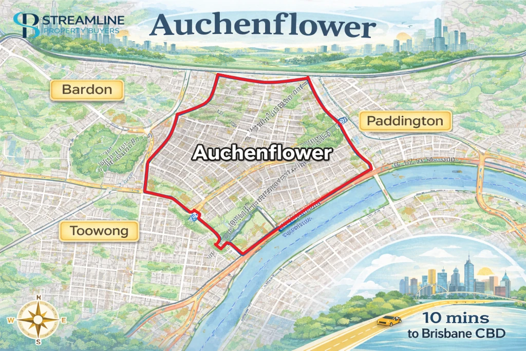 Map showing the Auchenflower suburb boundary with nearby areas including proximity to Brisbane CBD.