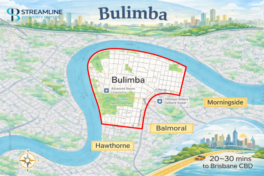Bulimba suburb map highlighting key neighboring areas, and proximity to Brisbane CBD.
