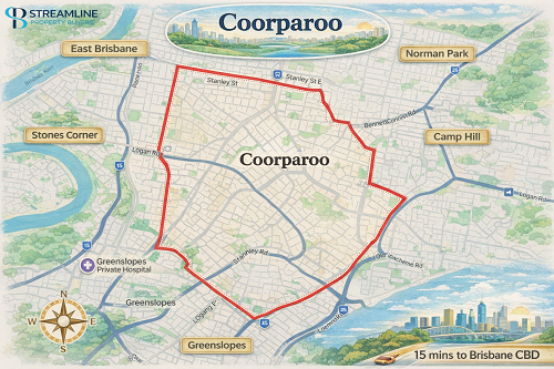 Map of Coorparoo suburb with a highlighted boundary, showing nearby suburbs in Brisbane.