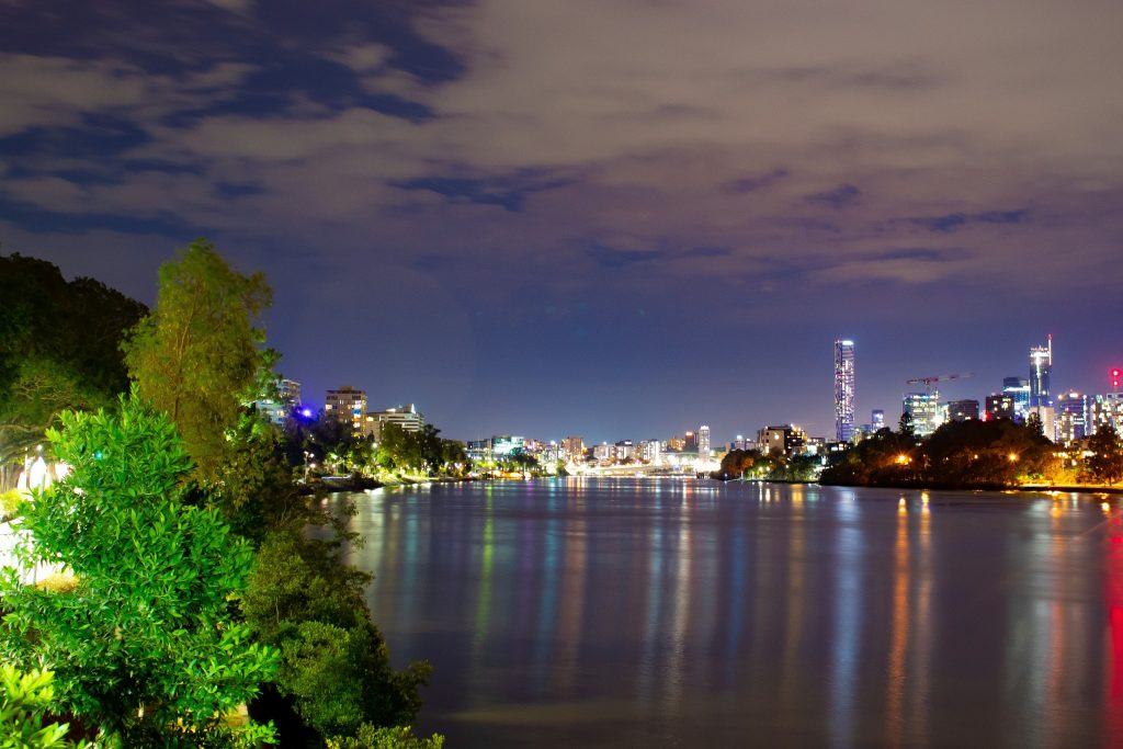 Brisbane skyline at night viewed across the river from Toowong.