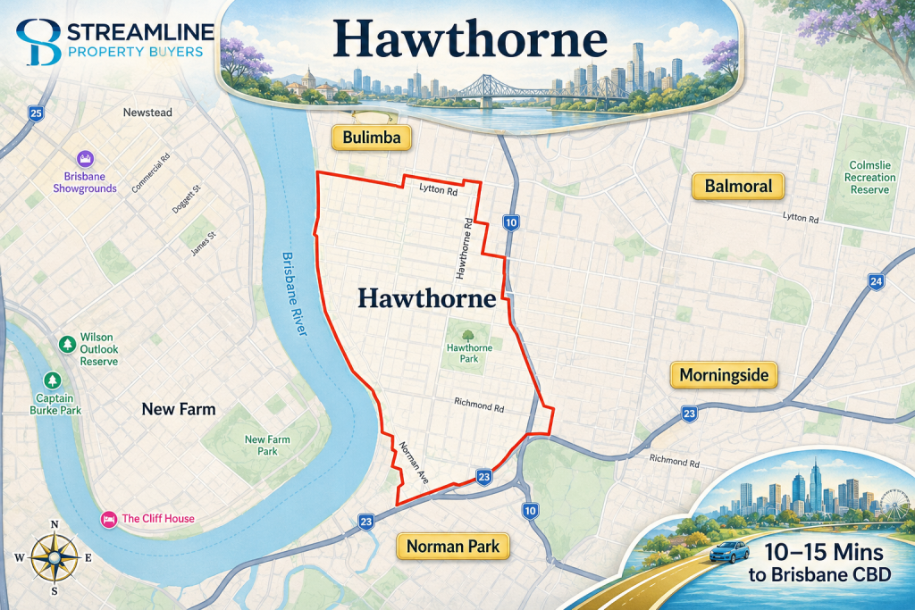 Hawthorne suburb border map showing Brisbane River, nearby Brisbane suburbs, and travel time to Brisbane CBD.