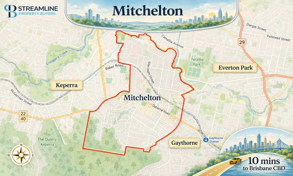 Mitchelton suburb border map near Brisbane CBD.