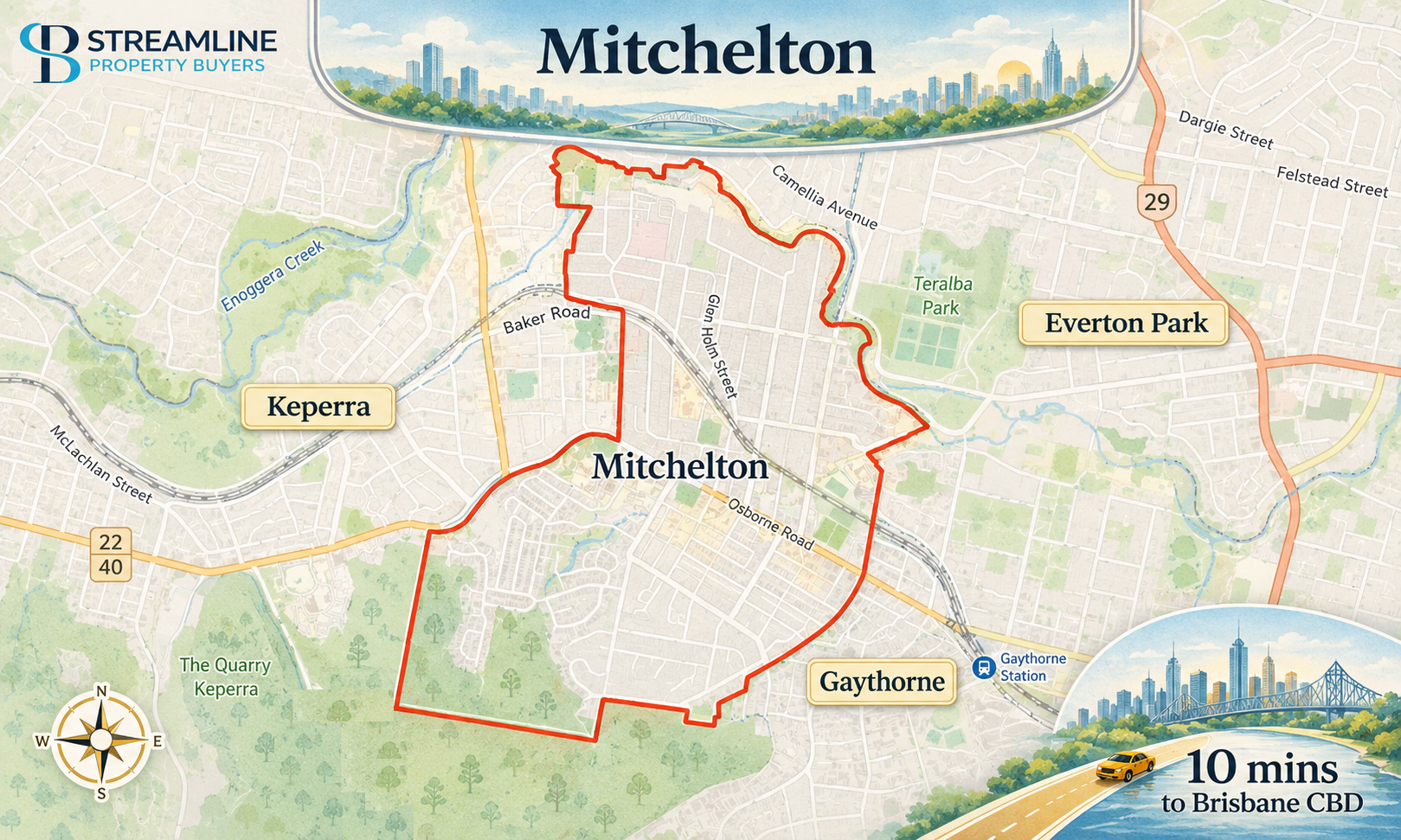 Mitchelton suburb border map near Brisbane CBD.