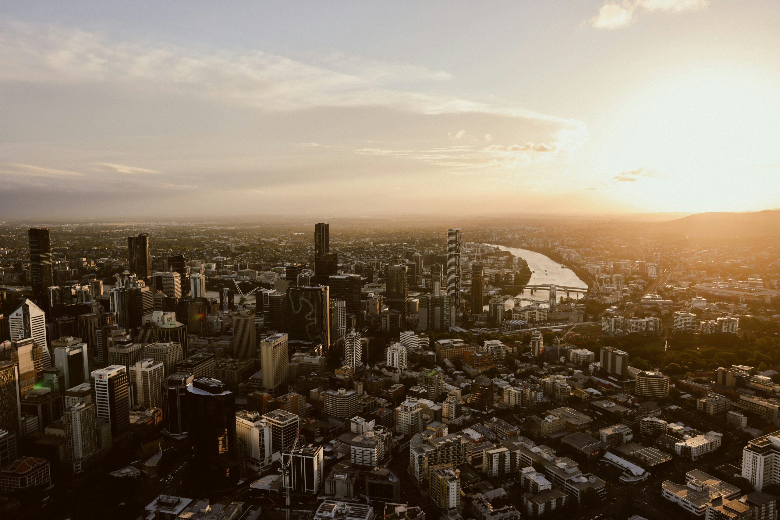 Brisbane city skyline at sunset.