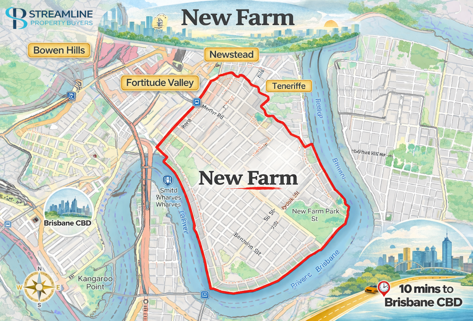 Illustrated New Farm suburb border map near Brisbane CBD