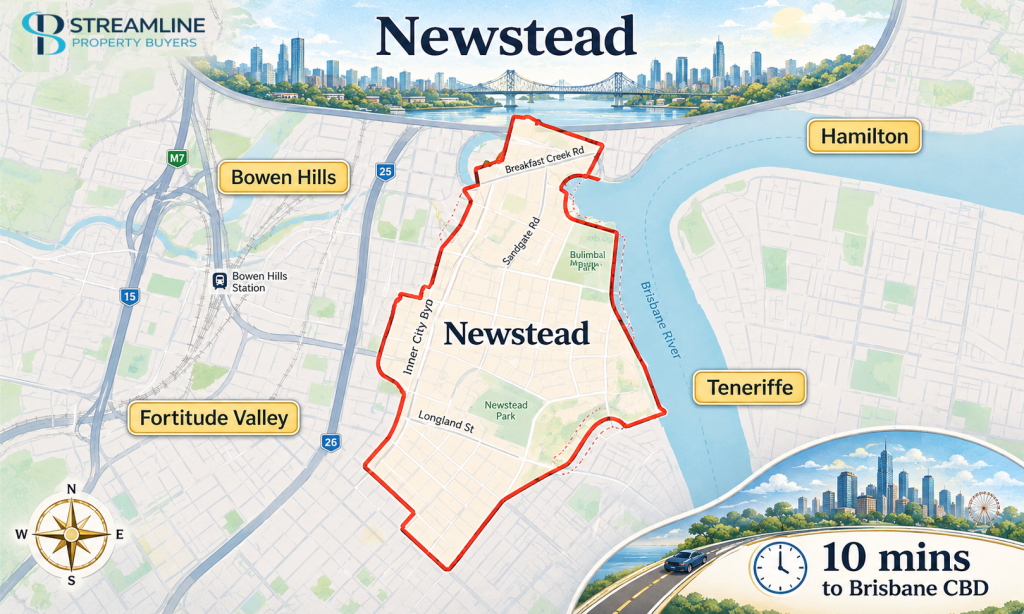 Newstead suburb border map with nearby Brisbane areas and CBD travel time.