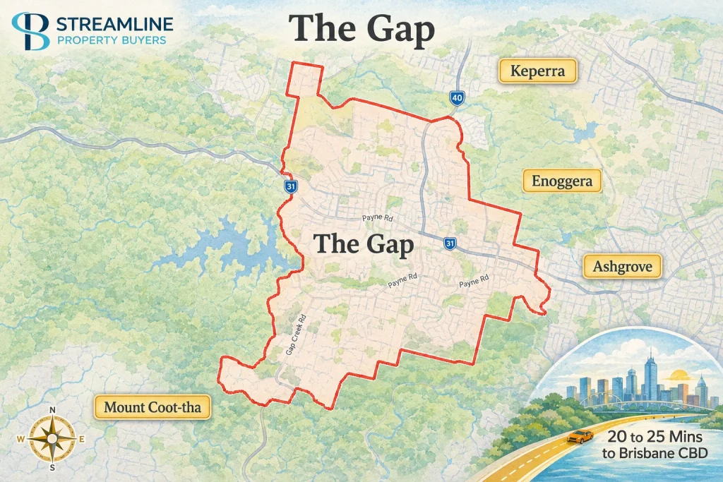 Map showing the boundaries of The Gap suburb with key neighboring areas.