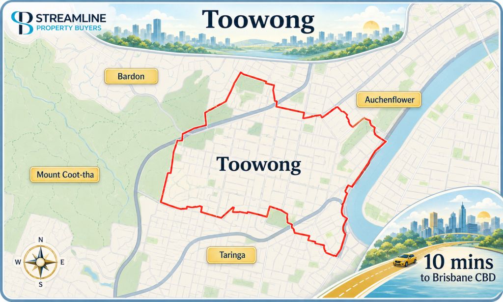 Toowong border map showing nearby suburbs and travel time to Brisbane CBD.