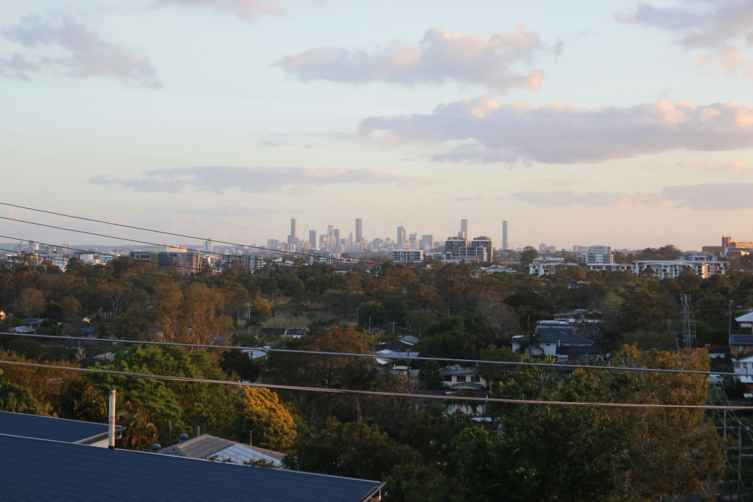 View of the Brisbane CBD skyline from a tree-lined residential suburb, with houses, parkland, and city buildings visible in the distance.