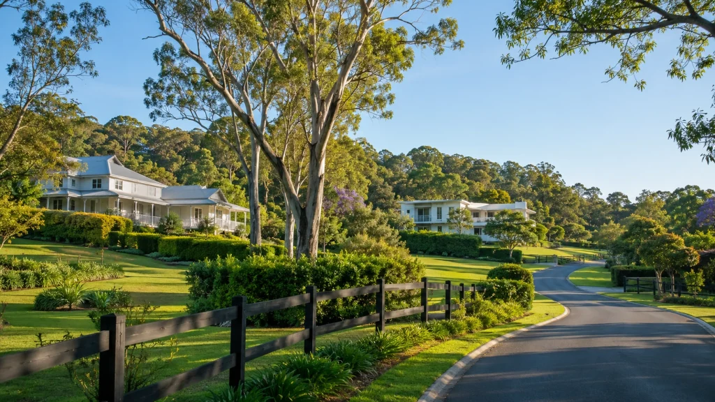 Acreage homes in Brookfield Brisbane surrounded by greenery.