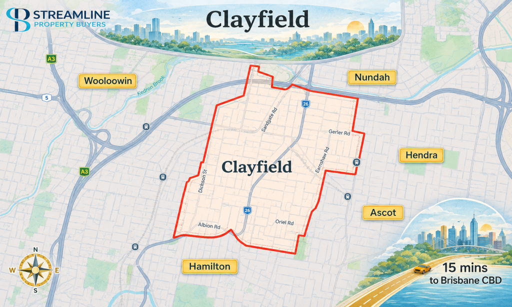 Clayfield border map highlighting suburb boundaries, nearby Brisbane suburbs, major roads, and 15-minute access to Brisbane CBD.
