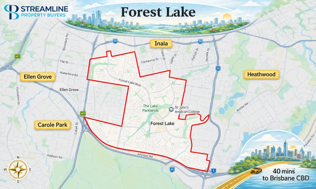 Forest Lake suburb border map showing Ellen Grove, Carole Park, Inala, Heathwood, and 40-minute travel time to Brisbane CBD.