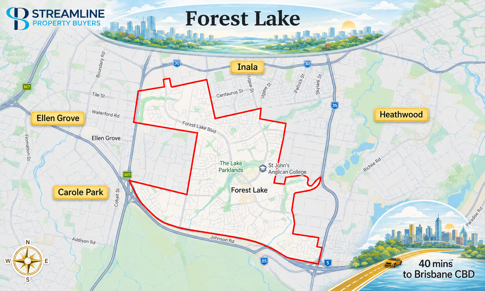 Forest Lake suburb border map showing Ellen Grove, Carole Park, Inala, Heathwood, and 40-minute travel time to Brisbane CBD.