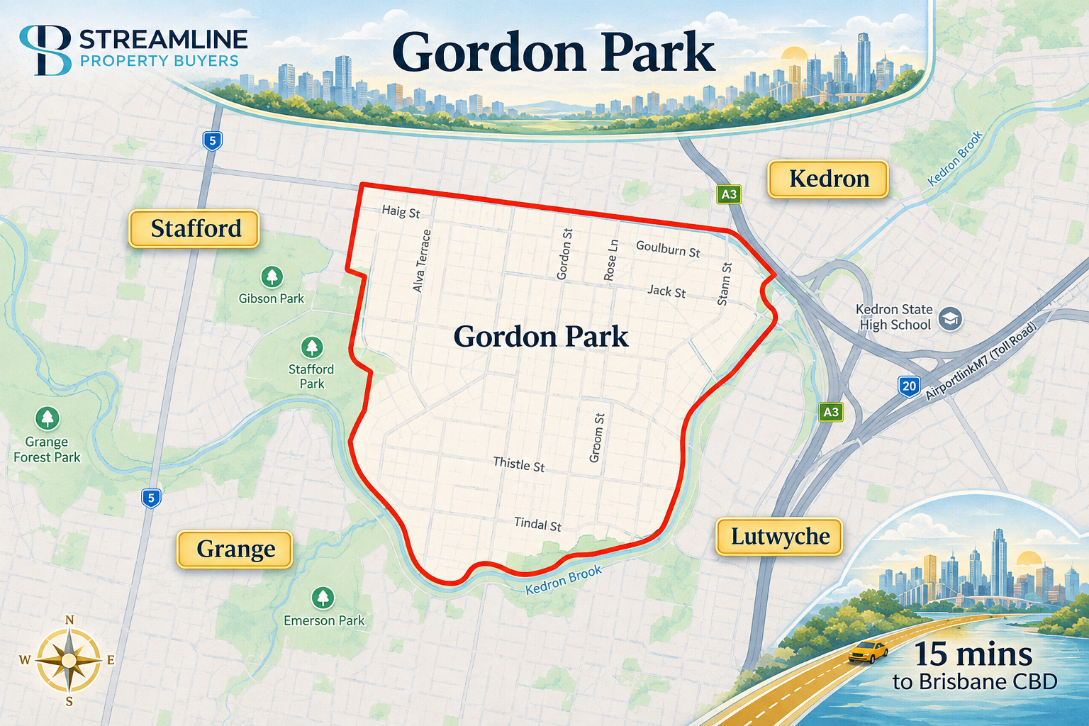 Gordon Park border map with nearby suburbs and 15 mins to Brisbane CBD.