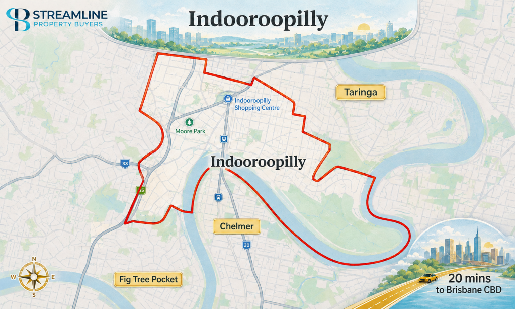 Indooroopilly suburb map showing nearby Taringa, Chelmer, Fig Tree Pocket, and Brisbane CBD travel time.