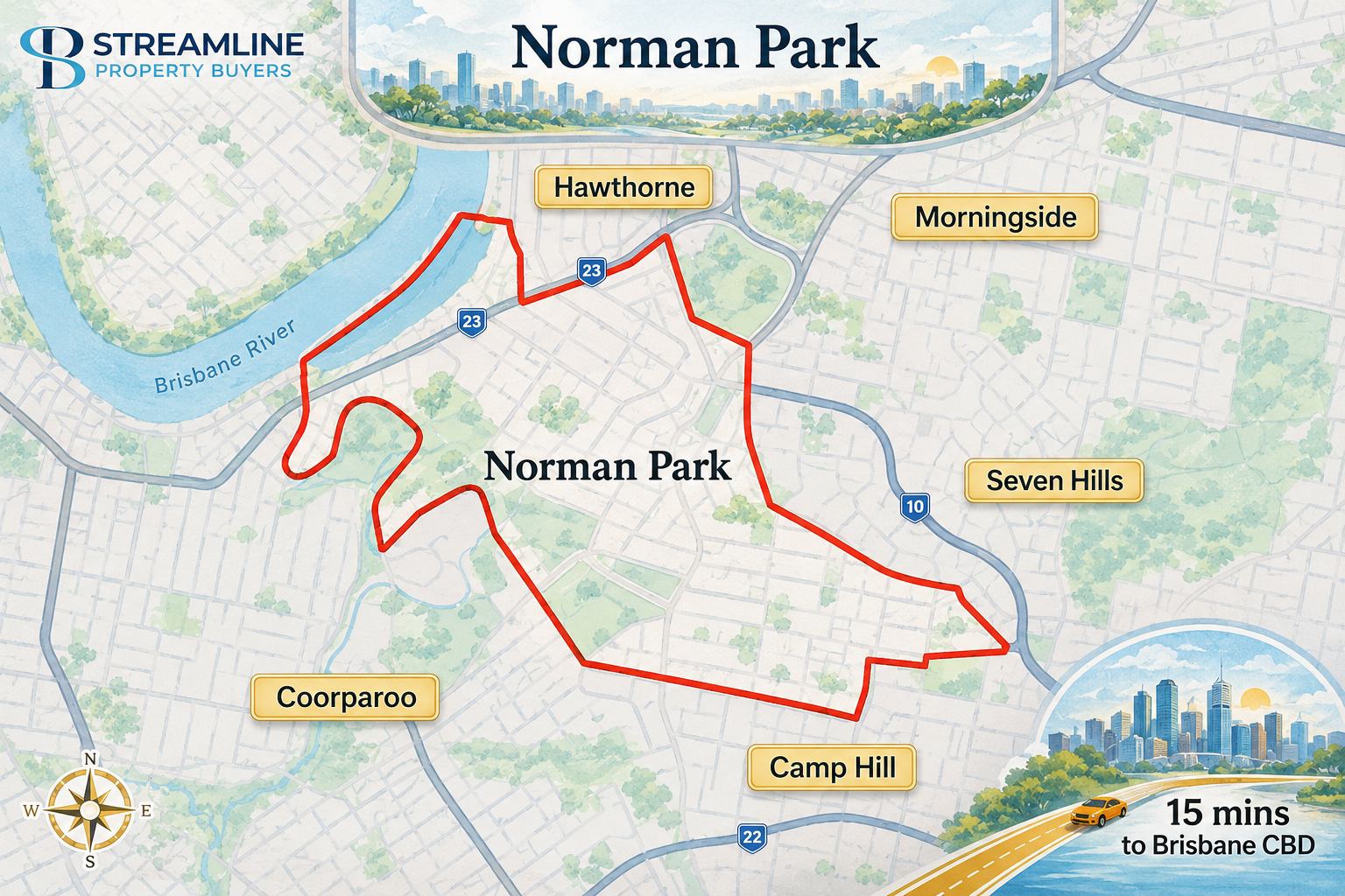 Norman Park border map near Brisbane CBD.