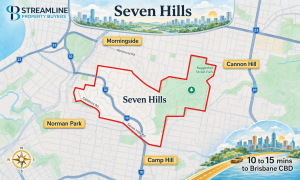 Seven Hills Brisbane border map with nearby suburbs Morningside, Cannon Hill, Norman Park, Camp Hill, and CBD drive time.
