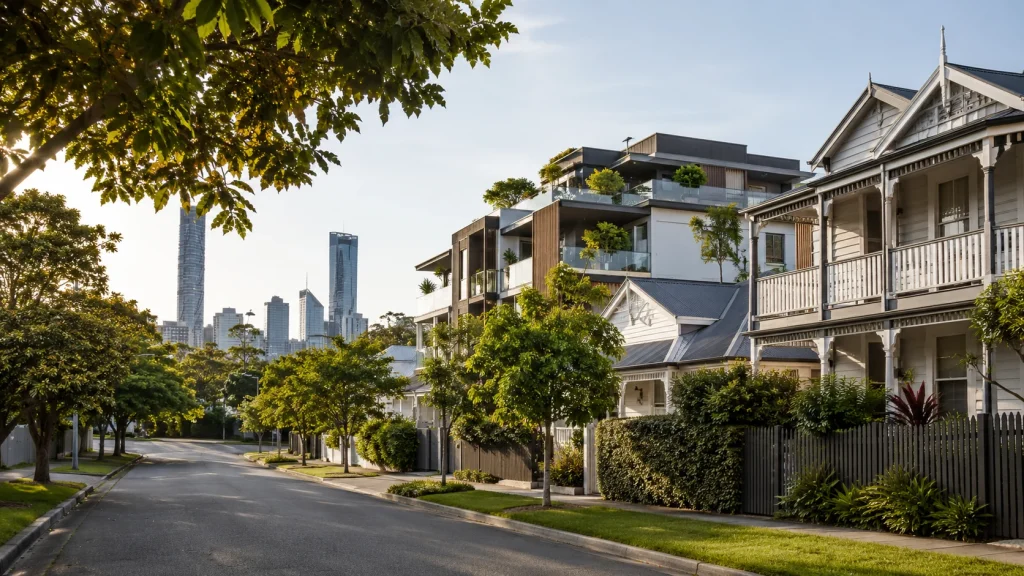 West End Brisbane homes with city skyline.