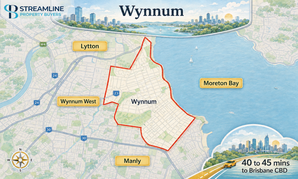 Illustrated Wynnum suburb map showing the red border outline and travel time to Brisbane CBD.