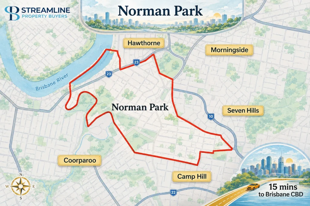 Norman Park border map showing nearby Brisbane suburbs, Brisbane River, and 15-minute route to Brisbane CBD.