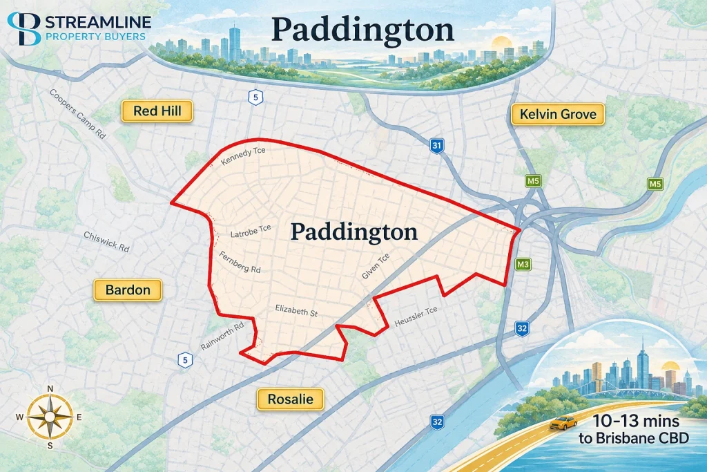 Paddington border map showing nearby Brisbane suburbs and 10 to 13 minute route to Brisbane CBD.